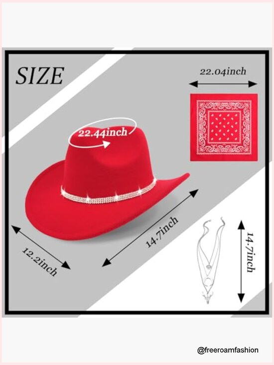 Wide Brim Felt Cowboy Hat with Rhinestones, Bandana & Necklace Set main image 4